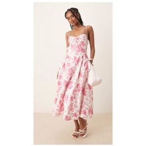 Nia Pink Floral Midi Dress Open Back Structured Waist Garden Party L Coquette